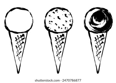 Set of line drawings of ice cream on cones of various flavors with touch of brush