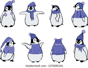 Set of line drawings with little penguins in winter clothes. Vector illustration, drawn by hand. Set of line drawings with little penguins. Vector illustration, drawn by hand.