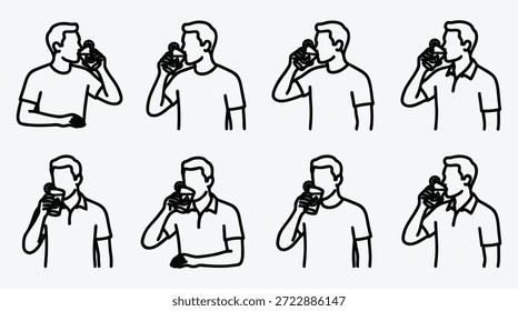 Set of line drawings of men drinking from a bottle various poses and clothing styles
