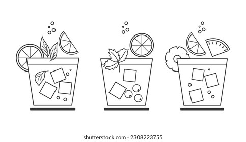 Set of line drawings of refreshing cocktails with ice cubes, straws and umbrellas on a white background. Drink icons, cafe menu, vector