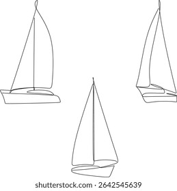 Set of line drawings of a sailboat drawn by hand without artificial intelligence