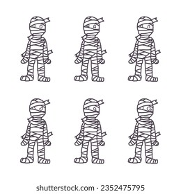 Set of line drawings of a simple mummy man with various expressions