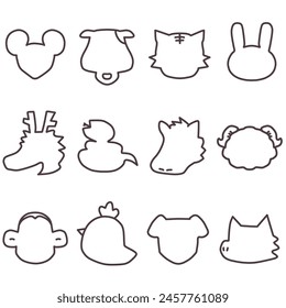 A set of line drawings of simple silhouettes of animals of the Chinese zodiac