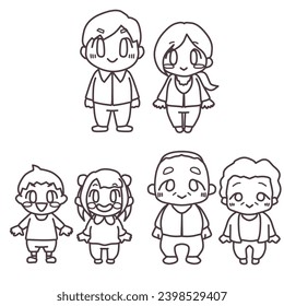 A set of line drawings of three generations of a family with low head height and cute deformation.