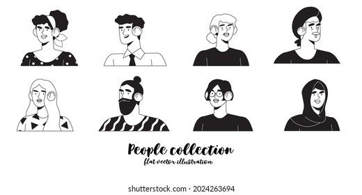 Set of line drawings of trendy young business people or office workers for social media, ui, web site avatars or icons isolated on white background. Diverse character portrait in minimalistic style.