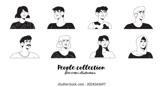 Set of line drawings of trendy young business people or office workers for social media, ui, web site avatars or icons isolated on white background. Diverse character portrait in minimalistic style.