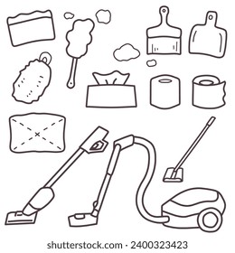 A set of line drawings of various cleaning tools, simply deformed.