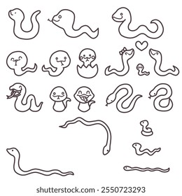 Set of line drawings of various deformed snake characters.