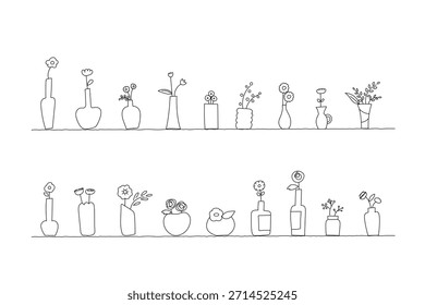 Um conjunto de desenhos de linha de vários vasos de flores
