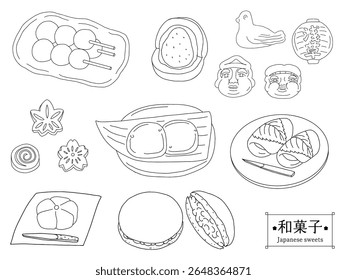 A set of line drawings of various Japanese sweets