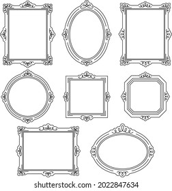 A set of line drawings in various shaped western style picture frames with calligraphy decorations