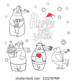Set of line drawings in vector, greeting card, happy new year and merry christmas, polar bear, funny cartoon images