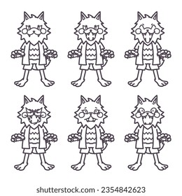 A set of line drawings of a werewolf with various cute deformed facial expressions