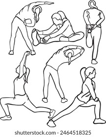 Set of line drawings of women with exercise characteristics Expressing various expressions with emotions running, sitting, lying down, walking. Vector illustration.