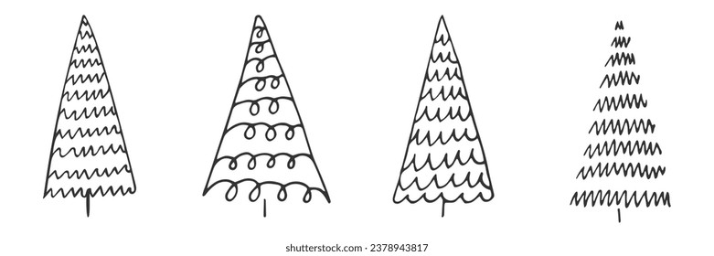 Satz von Linien gezeichnet abstrakte geometrische Weihnachtsbäume. Doodle Fichtenholz Tanne. Handgezeichnetes, schwarz-weißes Winterferienelement