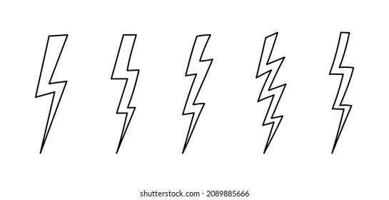 Set of line drawn lightning bolts. A sketch of thunderous lightning of different shapes. Thunder flash outline vector illustration isolated on white background.