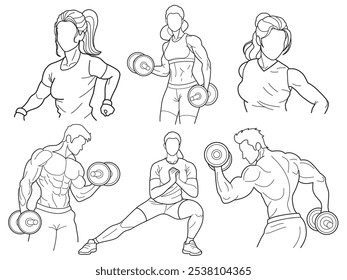 Set of line drawn silhouettes of people doing sports and fitness. Stylized graphic of a muscular men and women, set against a white background.