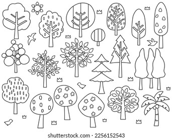 A set of line drawn tree illustrations.