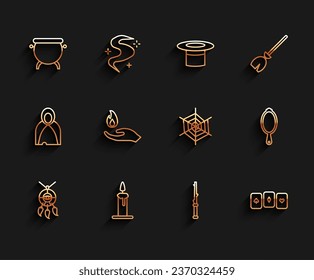 Set line Dream catcher with feathers, Burning candle in candlestick, Witch cauldron, Magic wand, Playing cards, Hand holding fire, hand mirror and Spider web icon. Vector