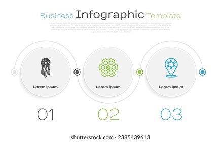 Set line Dream catcher with feathers, Revolver cylinder and Hexagram sheriff. Business infographic template. Vector