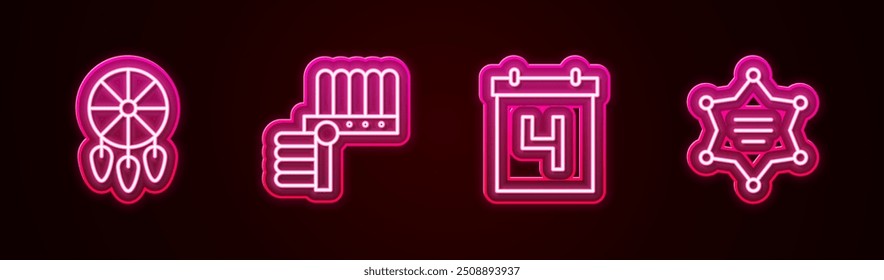 Set line Dream catcher with feathers, Indian headdress, Calendar date July 4 and Hexagram sheriff. Glowing neon icon. Vector