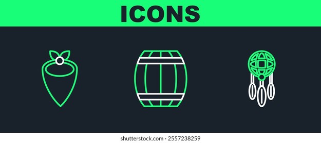 Set line Dream catcher with feathers, Cowboy bandana and Gun powder barrel icon. Vector