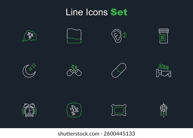 Set line Dream catcher with feathers, Pillow, Sleepy, Alarm clock, Time to sleep, Sleeping pill,  and Moon and stars icon. Vector