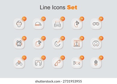 Set-Linie Traumfänger mit Federn, Bett, Schlafmaske, Nackenkissen, Schlafen, Fenstervorhänge und Mond- und Sternensymbol. Vektorgrafik