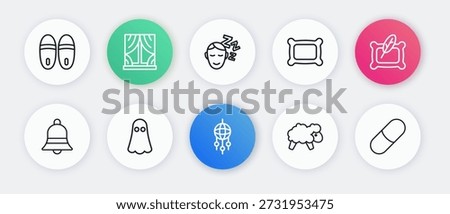 Set line Dream catcher with feathers, Pillow, Ringing bell, Sheep, Dreams, Sleeping pill and Ghost icon. Vector