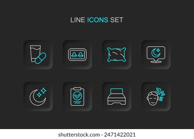 Set line Dreams, Big bed, Medical prescription, Moon and stars, Pillow, Earplugs with storage box and Sleeping pill icon. Vector