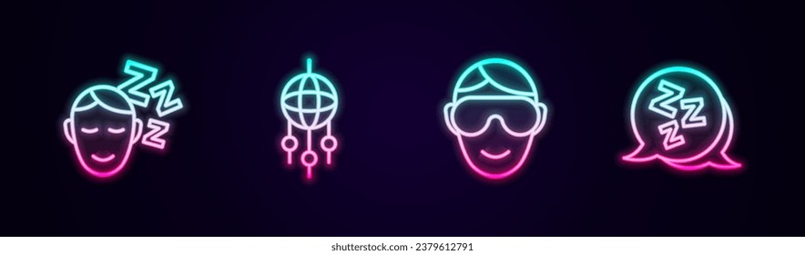 Set line Dreams, catcher with feathers, Eye sleep mask and Sleepy. Glowing neon icon. Vector