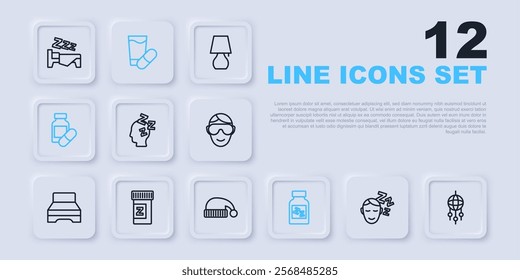 Set line Dreams, catcher with feathers, Sleeping pill,  and hat icon. Vector