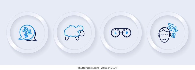 Definir linha Sonhos, Contêiner de lentes de contato, Ícone de ovelha e sonolento. Vetor