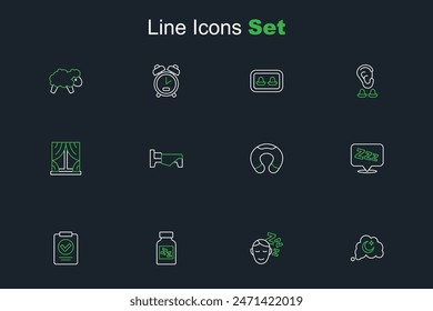 Set line Dreams, Sleeping pill, Medical prescription, Sleepy, Travel neck pillow, Bed and Window with curtains icon. Vector
