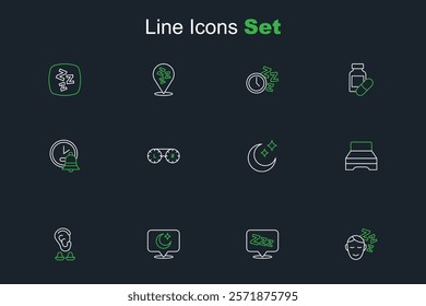 Set line Dreams, Sleepy, Moon and stars, Earplugs ear, Big bed, Contact lens container and Alarm clock icon. Vector