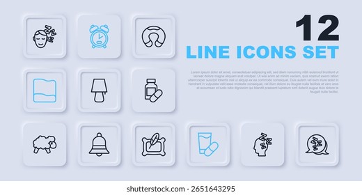 Definir linha Sonhos, Sonolento, Lâmpada de mesa, Pílula de dormir, Travesseiro, Toque de sino, Relógio despertador e ícone. Vetor