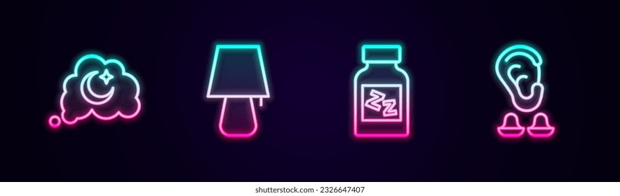 Set line Dreams, Table lamp, Sleeping pill and Earplugs and ear. Glowing neon icon. Vector
