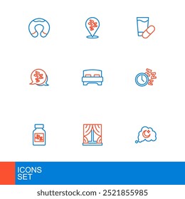 Set line Dreams, Window with curtains, Sleeping pill, Alarm clock, Sleepy, Big bed,  and  icon. Vector