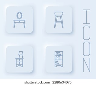 Fijar la línea Mesa de vestir, silla, mesa de noche de mobiliario con lámpara y biblioteca. Botón cuadrado blanco. Vector