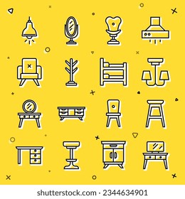 Fijar la mesa de vestir, la silla, la lámpara de araña, el sillón, el soporte de abrigo, el colgante de la lámpara y el icono de la cama de maletero. Vector