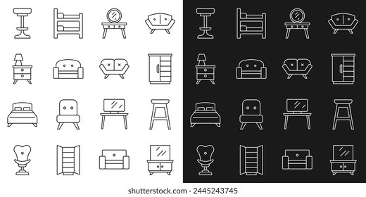 Set line Dressing table, Chair, Wardrobe, Armchair, Nightstand with lamp,  and Sofa icon. Vector