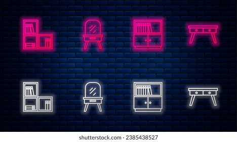 Set line Dressing table, Library bookshelf, Shelf with and Office desk. Glowing neon icon on brick wall. Vector