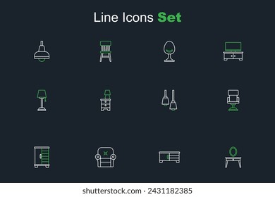 Set line Dressing table, TV stand, Armchair, Wardrobe, Office, Library bookshelf, Furniture nightstand with lamp and Floor icon. Vector