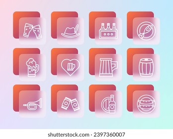 Set line Dried fish, Beer can, Wooden beer mug, bottle and wooden barrel, Heart with glass of, Pack bottles, Glass and Oktoberfest hat icon. Vector