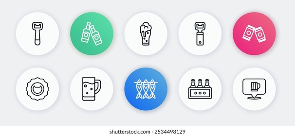 Set line Dried fish, Beer can, Bottle opener, Pack of beer bottles, Glass, Wooden mug and  icon. Vector