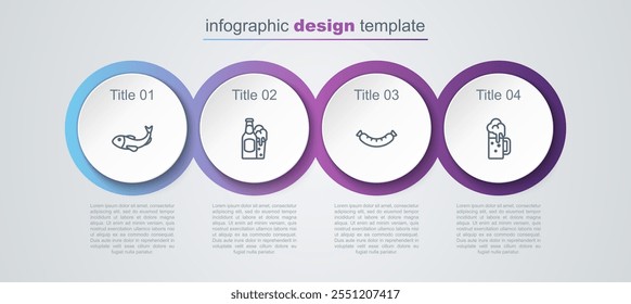 Set line Dried fish, Beer bottle and glass, Sausage and Wooden beer mug. Business infographic template. Vector