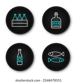 Set line Dried fish, Beer bottle, Alcohol drink Rum and Bottles of wine a wooden box icon. Vector