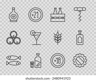 Set line Dried fish, Bottle cap, Pack of beer bottles, Vodka with pepper and glass, cognac or brandy, Martini, Alcohol 18 plus and Whiskey icon. Vector