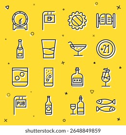 Set line Dried fish, Cocktail, Alcohol 21 plus, Bottle cap, Glass of vodka, Champagne bottle, Wooden barrel on rack and  icon. Vector