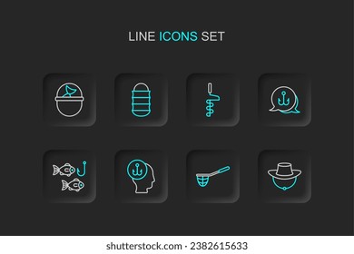 Set line Dried fish, Fishing net, Camping folding chair, hook with, Hand ice drill,  and bucket icon. Vector